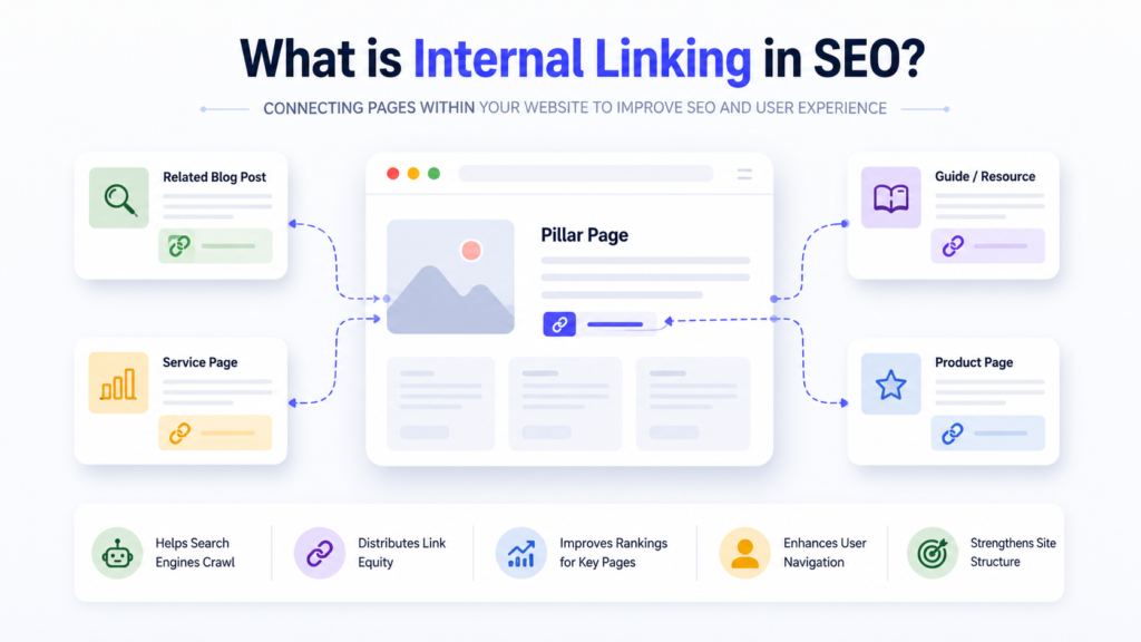 Internal linking in SEO diagram showing a pillar page connecting related blog posts, service pages, and product pages.