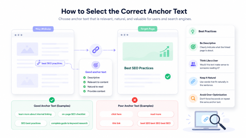 Internal linking in SEO illustration showing how to choose descriptive anchor text for relevant internal links.