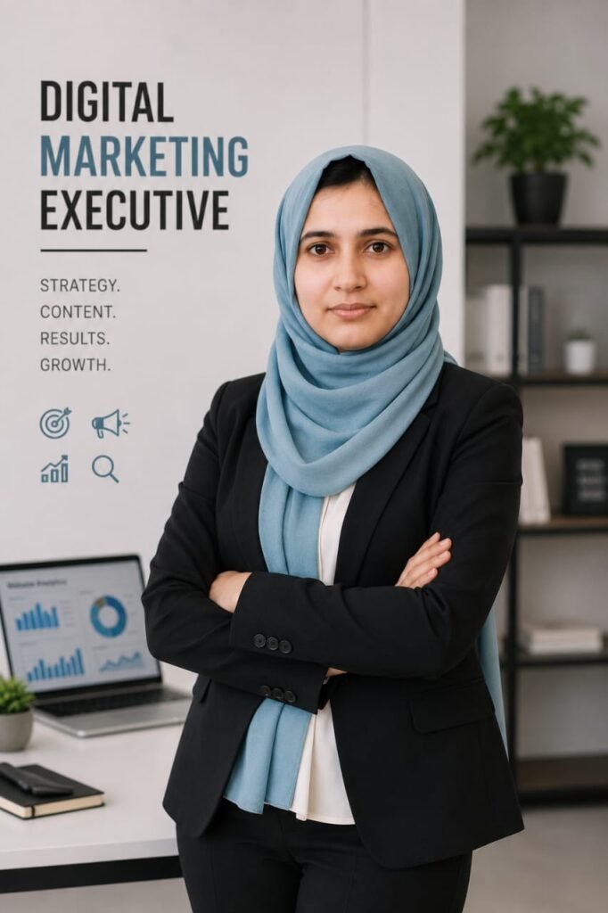 Freelance digital marketing analyst in Kochi standing confidently in a professional office with a laptop displaying digital marketing analytics.