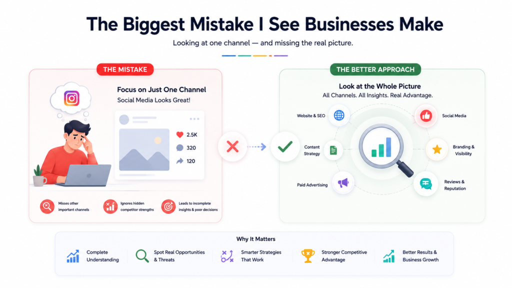 A professional infographic explaining the biggest mistake businesses make in digital marketing by focusing on a single channel instead of analysing the complete marketing strategy. Created by a freelance digital marketing analyst in Kochi, it highlights the importance of SEO, content strategy, social media, paid advertising, branding, reviews, and website performance for smarter business growth and competitor analysis.