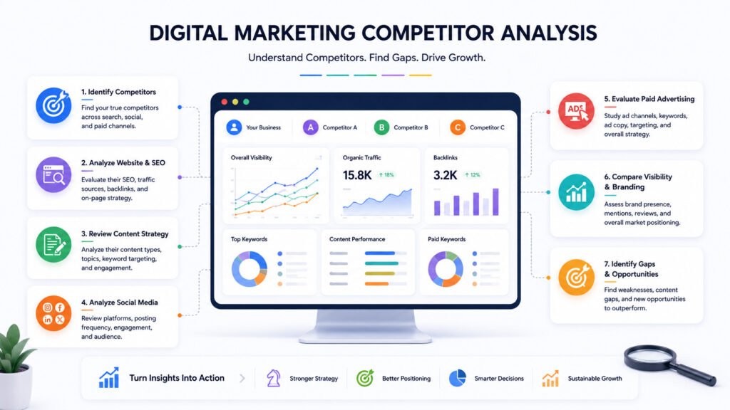  Digital marketing competitor analysis dashboard showing competitor research across SEO, content, social media, paid advertising, visibility, branding, and growth opportunities.