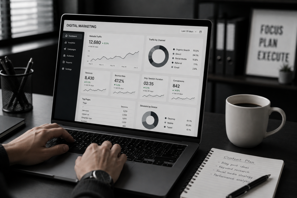 Freelance digital marketing analyst in Kochi using a laptop with a digital marketing analytics dashboard, content plan notebook, and white coffee cup on a desk.