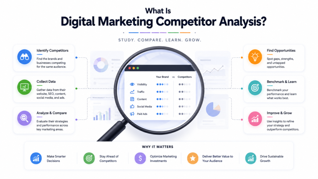  Digital marketing competitor analysis illustration showing competitor research, data collection, strategy comparison, benchmarking, and opportunities for business growth.